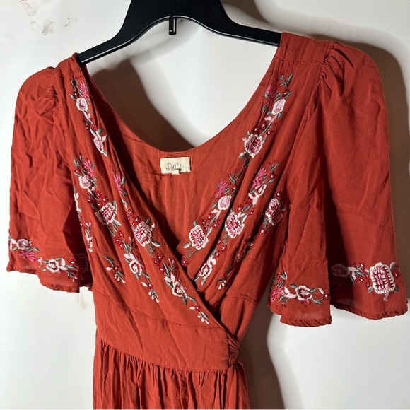 Rahi Cali Burnt Orange Floral Embroidered Wrap Maxi Dress, Medium - Picture 8 of 11